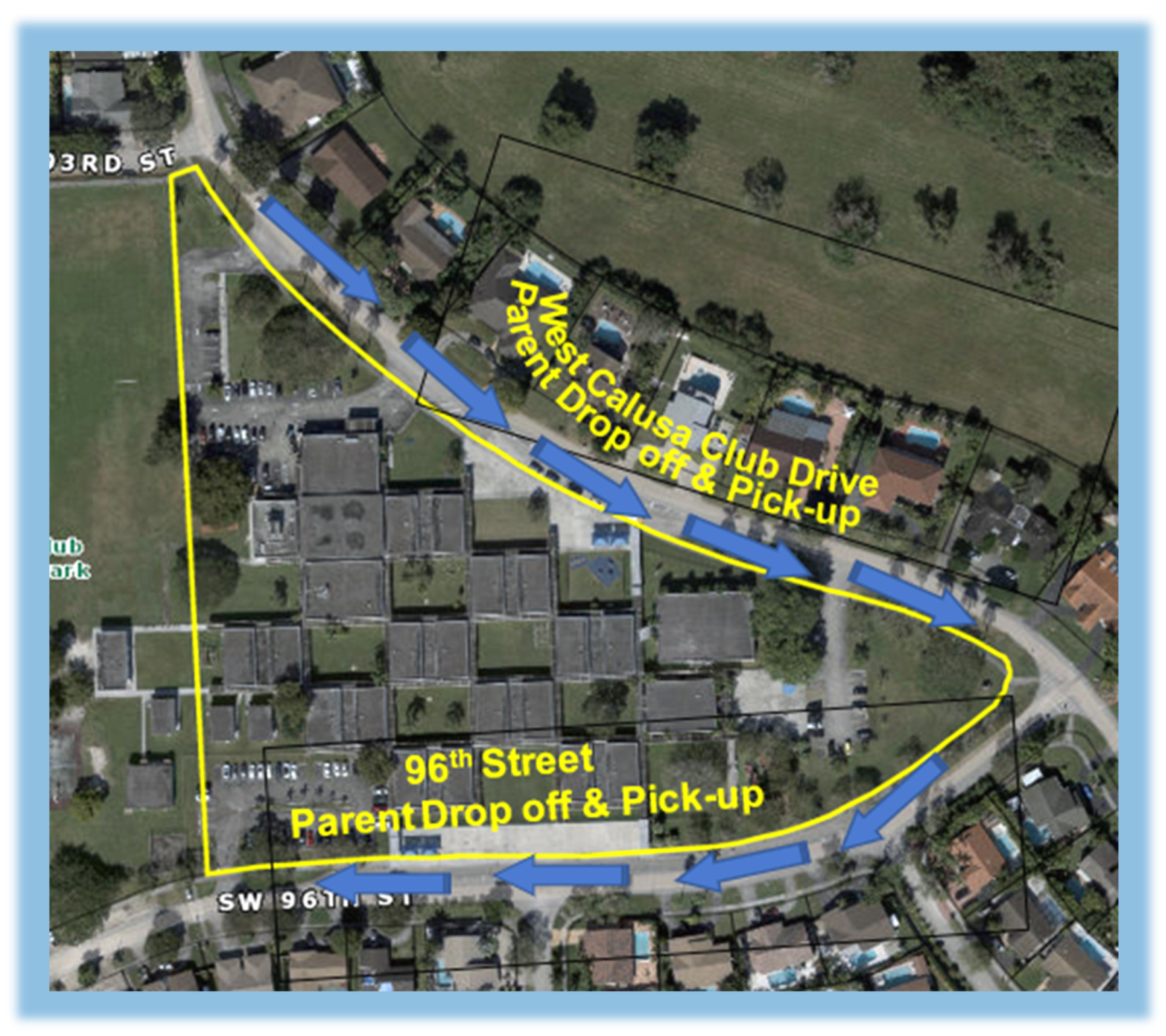 Aerial map of Calusa Elementary showing the parent drop-off and pick-up loops along West Calusa Club Drive and SW 96th Street